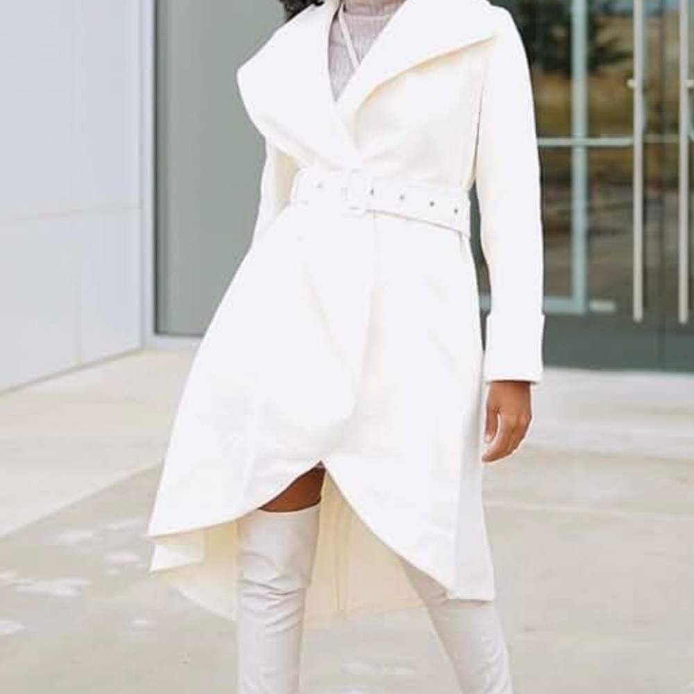 Women's Collared High-Low Woolen Wrap Coat with Detatchable Belt - Ivory - L